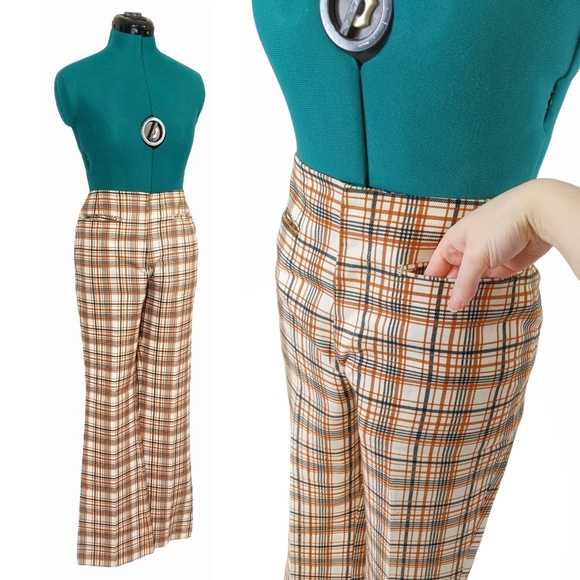 1960s Levi's for Gals Pants 1970s Bootcut Flare Trousers Plaid Brown Mid Rise - Picture 7 of 9
